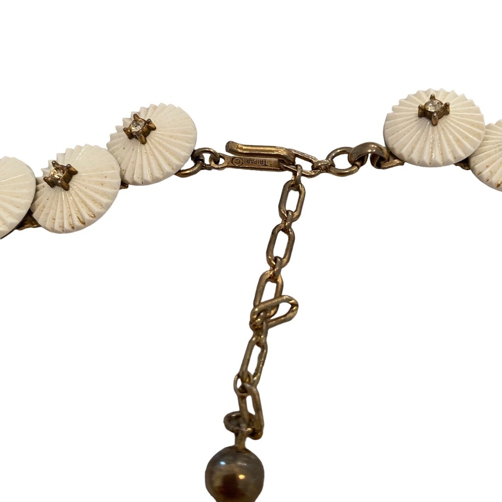 Crown Trifari white disks necklace Milk Glass Rhinestone Necklace Pom Pom Design - Picture 8 of 9